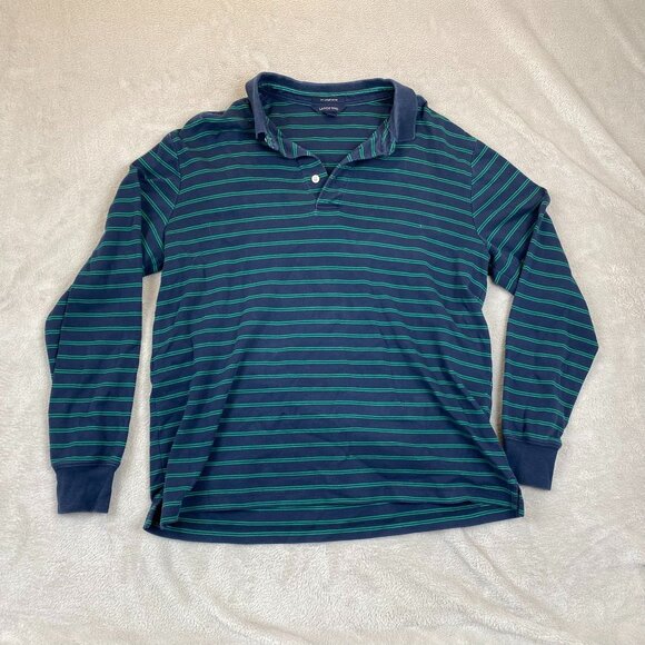 Lands End Mens Polo Shirt M 38-40 Striped Long-Sleeve Navy & Green 100% Supima - Picture 9 of 10